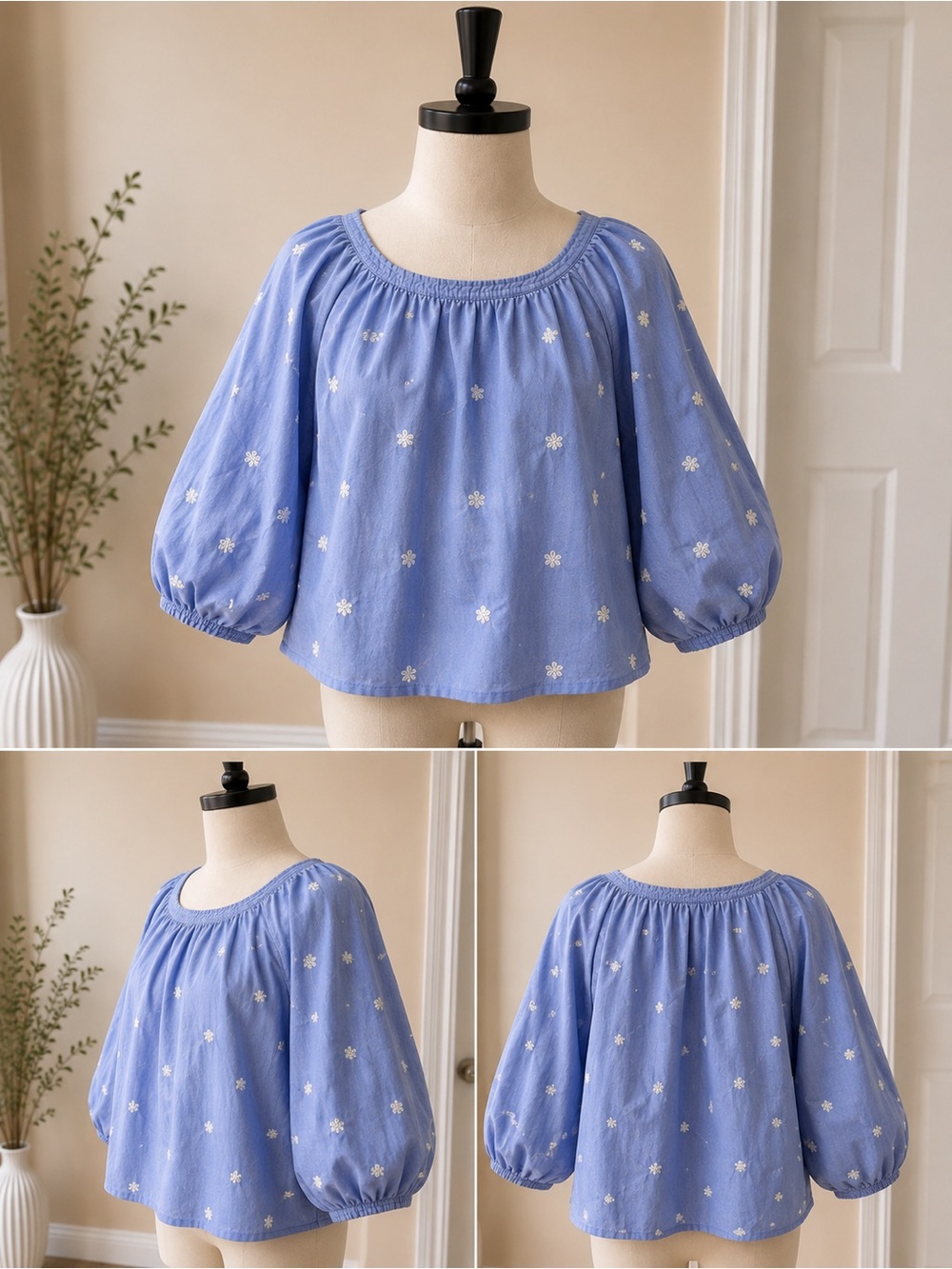 J.Crew XL Blue Embroidered Cotton Peasant Blouse Puff Sleeve Boho Cottage Top